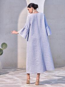 Al Najma Vestido árabe holgado con cuello en V, manga acampanada y estampado floral jacquard para mujer