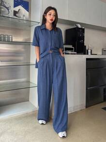 DAZY 女士纯色短袖衬衫长裤两件套，蓝色，春夏款，教师休闲套装
