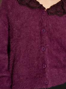 AiiRZ Fluffy Knit Button Front Cardigan With Elegant Lace Collar Balloon Sleeve Cozy Fall Winter Sweater Jumper Holiday Party - Red - View 4