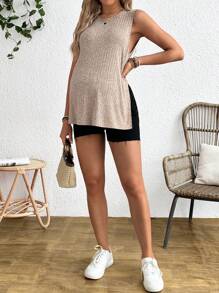 SHEIN Maternity Casual Versatile Solid Color Side Slit Camisole - Apricot - View 3