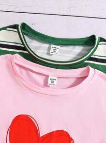 SHEIN 2 Pieces Tween Girl Casual Versatile Green & White Striped Round Neck Long Sleeve T-Shirt And Pink Heart T-Shirt Top, All-Match Everyday Wear, Spring - Pink - View 3
