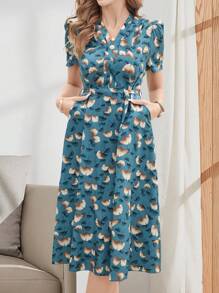 EMERY ROSE Women Elegant V-Neck Tie Up Short Sleeve Mid-Length Casual Dress