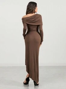 Glamine Women's Asymmetric Hem Ruched Slit Bodycon Evening Party Dress Fall Cloth For Women - Brown - View 2