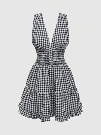 Kawaii Lässig Mini-Kleid mit tiefem V-Ausschnitt und Karomuster für Teenager-Mädchen