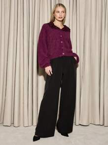 AiiRZ Fluffy Knit Button Front Cardigan With Elegant Lace Collar Balloon Sleeve Cozy Fall Winter Sweater Jumper Holiday Party - Red - View 5