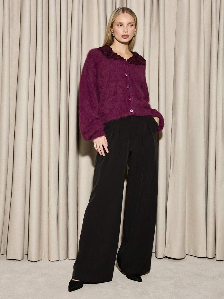 Cardigan elegante com gola de renda e manga balão