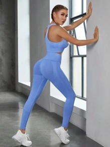 Easithlete 2pcs Seamless Yoga Set Tracksuit Gym Set Scoop Neck Tank Top Stitching Trim Tummy Control Leggings - Blue - View 2
