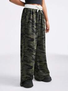 SHEIN Tween Girl Camouflage Drawstring Waist Colorblock Long Sleeve Sweatpants