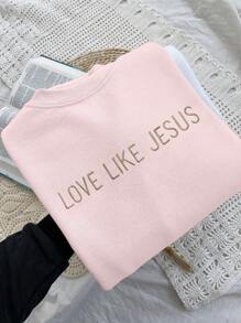 INAWLY Jesus Embroidery Design / Jesus Devotee Gift / Women's Loose Fit Crew Neck Solid Color Fleece Sweatshirt, Autumn/Winter - Pink - View 1