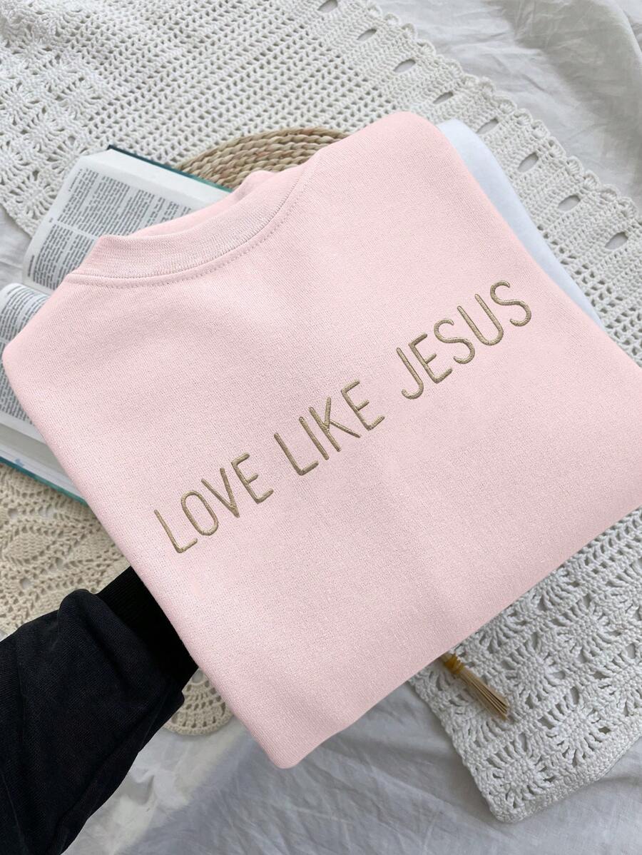 INAWLY Jesus Embroidery Design / Jesus Devotee Gift / Women's Loose Fit Crew Neck Solid Color Fleece Sweatshirt, Autumn/Winter - Pink - View 1