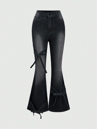 Grunge Punk Jeans de mujer con volantes, de múltiples capas, con lazos, lavado vintage, con diseño retro y elástico