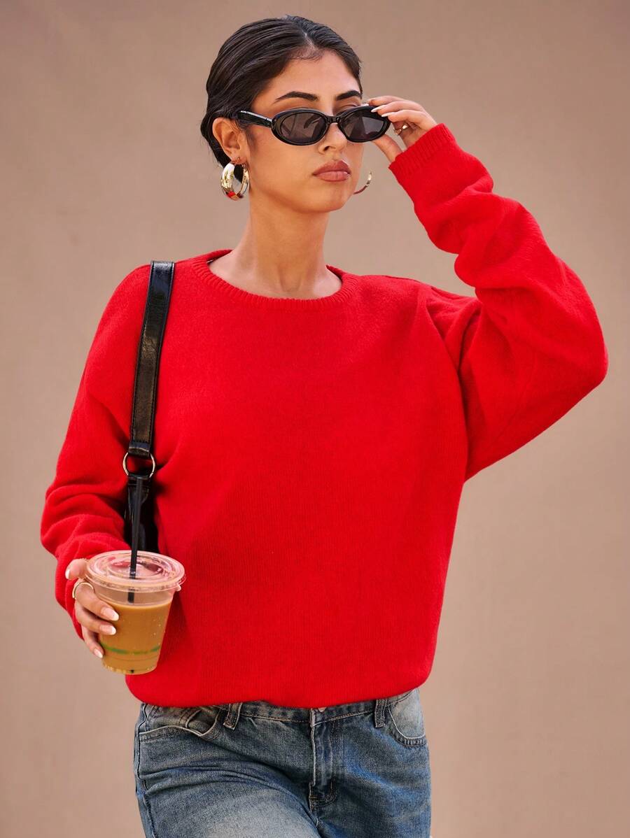 Forever 21 秋冬女士毛衣派对女士情人节圆领可爱服装趣味新年派对女士长袖 Y2k 服装街头时尚女士针织女士毛衣红色女士毛衣 - 紅色 - 查看 1