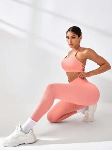 Easithlete 2pcs Women Seamless Sports Set/Racerback/Adjustable Strap/Yoga Workout Women Set - Pink - View 5