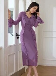 Modelyn Women's Flare Sleeve Chiffon Ruffle Hem Fitted Dress Long Evening Dresses - Purple - View 5