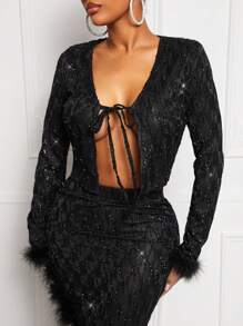 SHEIN SXY 2pcs/Set Sexy Sheer Mesh Feather Decor Black Outfit, Includes Slit Hem Skirt, Autumn/Winter Party - Black - View 7