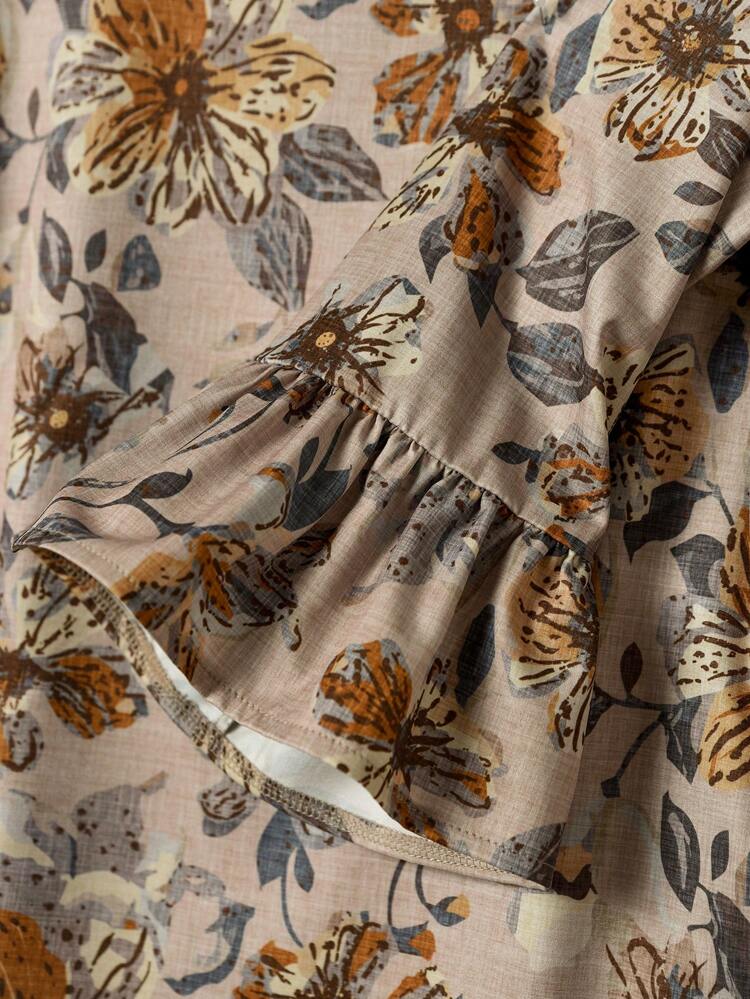 Women's Floral Print Round Neck Flare Sleeve Loose Shirt, Vacation Wear