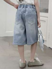 Dazy Kids Tween Girls' Casual Washed Denim Shorts With Bow Decor,Girls Summer Outfits,Back To School Clothes