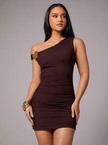 Silquee Đầm ngắn thanh lịch không tay hai dây màu đỏ tía & đỏ thẫm cho nữ, cổ bẻ hai lớp, vai chéo, trang trí kim loại bất đối xứng, thích hợp cho tiệc cocktail, buổi hẹn hò lãng mạn, tiệc trang trọng, đám cưới, phù dâu, váy dạ hội, Halloween, ngày lễ Giáng sinh, ngày lễ tình nhân - Màu Đỏ Sâu - Xem 6