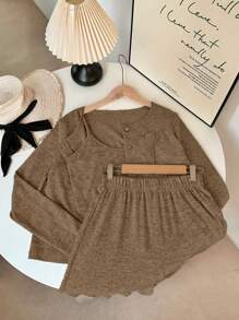 Franclia Conjunto de 3 piezas: Camiseta sin mangas versátil y casual, Cárdigan de manga larga y Pantalones rectos de cintura elástica, para mujer en color albaricoque, para otoño/invierno