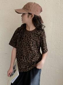 Dazy Kids Tween Girls Leopard Print Full Graphic Round Neck T-Shirt, Summer