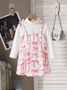 SHEIN 2 sztuki/zestaw dla niemowląt, dziewczęcy koreański styl, swobodny biały dzianinowy golf i tkana sukienka z nadrukiem motyla na szelkach - Wielokolorowe - Zobacz 3