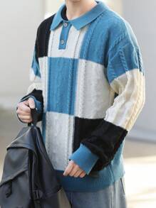 Manfinity Sporsity Men's Front Button Long Sleeve Plaid Casual Sweater, Everyday Wear