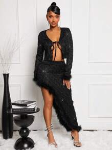 SHEIN SXY 2pcs/Set Sexy Sheer Mesh Feather Decor Black Outfit, Includes Slit Hem Skirt, Autumn/Winter Party - Black - View 3