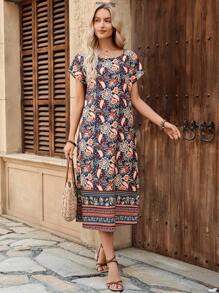 EMERY ROSE Women's Casual Straight Midi Dress With Plant Print And Bat Sleeves, Vacation Wear