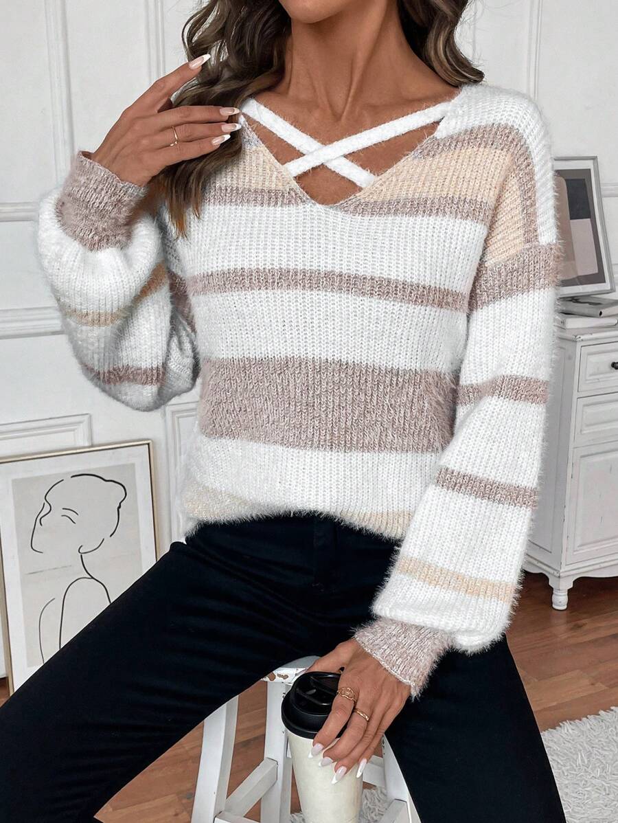 EMERY ROSE Valentine's Day  Women's Hollow Out Long Sleeve Striped Minimalist Sweater, Casual Daily Wear