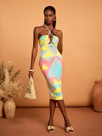 Sylvia Mollie Designer Women's Boho Bohemian Summer Resort Pastel Printed Ruffled Cross Tie Backless Suspender Dress, Concert Outfit Vacation, Festival, Ibiza Fits, Prom Dress