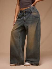 Forever 21 Plus Size Women's Asymmetric Waistband Pocket Wide Leg Loose Casual Jeans