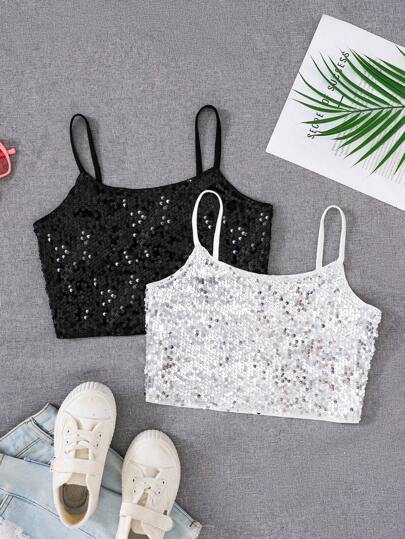 2 件套 青少年女孩运动亮片吊带背心套装