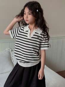 Dazy Kids Tween Girl Short Sleeve Bow Detail Striped Casual Sweater