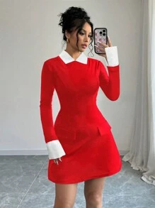 Elenzga 冬季女士撞色领长袖仿口袋优雅短款连衣裙