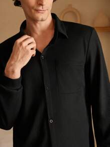 Men Plain Long Sleeve Pajama Set - Black - View 5