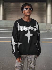 Manfinity EMRG Gebreide herensweater met letter- en sterrenprint, ronde hals en lange mouwen