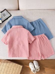 SHEIN 4pcs/Set Young Boy Casual Comfortable Pink & Blue Shirt And Shorts Outfit Sets, Siblings Matching Sets, Suitable For Kids Outfits, Back To School, Birthday Parties, Evening Events, Performances, Weddings, Baptisms, School Commencements. Suitable For Daily Wear, School, Travel, Sports, Styles, Spring, Summer