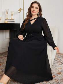 Modelyn Plus Size Women Asymmetrical Collar Mesh Long Sleeve Shirt And A-Line Skirt Elegant 2 Pieces Set