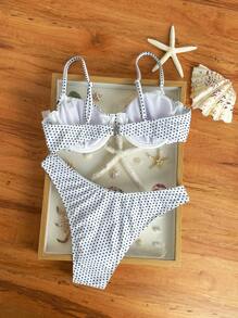 SHEIN Swim Women's Summer Polka Dot Print Underwire Butterfly Accent Spaghetti Strap Bikini Swimwear, Bathing Suit - Black and White - View 2