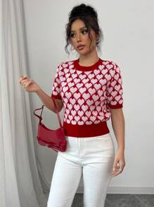 Elenzga Women's Short Heart Graphic Crew Neck Short Sleeve Casual Knit Top