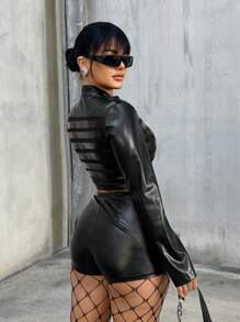 SHEIN SXY Sexy Sheer Striped Black Zip-Up PU Leather Jacket - Black - View 2