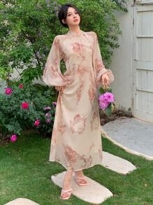 DAZY Bata de mujer de manga farol con estampado floral de gasa, para vacaciones, de primavera/verano