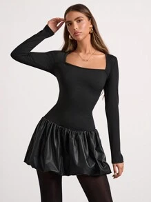 Glamine Women's Autumn/Winter Sweetheart Collar Ruffle Trim Fitted Dress Fall Cloth For Women - Black - View 5