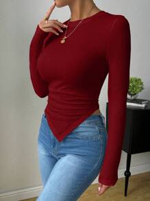 Zielony 1pc Casual Long Sleeve Round Neck Asymmetrical Hem T-Shirt Fall Cloth For Women - Burgundy - View 5