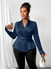 SOLERSUN 女士时尚缎面衬衫，配裹领荷叶边上衣 - 藏蓝色 - 查看 2