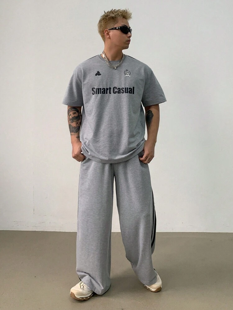 Men Summer Letter Print Trimmed T-Shirt & Pants Set