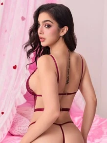 ROMWE Goth Body sexy romántico con tirantes calados de encaje para el Día de San Valentín