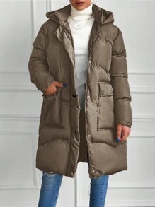 EURMUSE Women Solid Color Front Button Long Sleeve Pocket Casual Winter Jacket, Minimalist Design - Mocha Brown - View 1