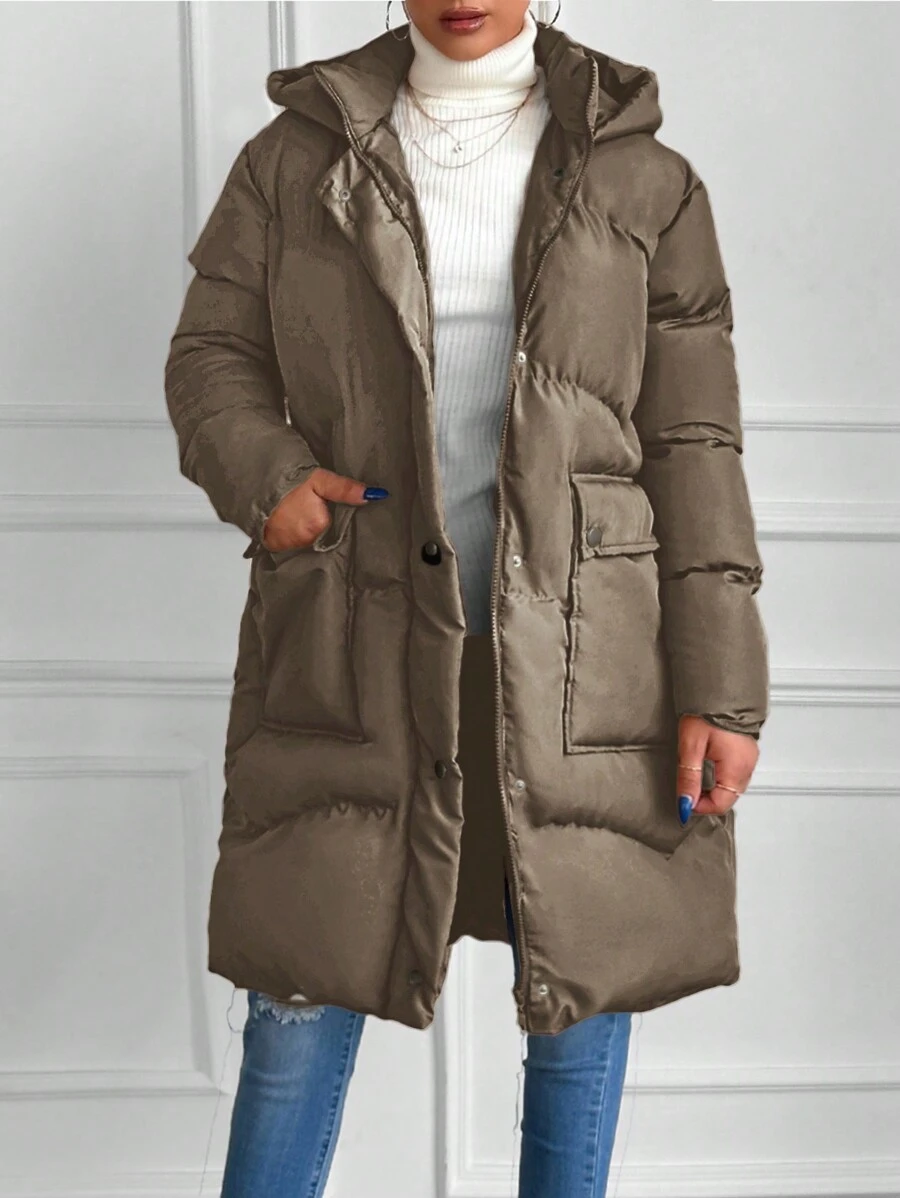 EURMUSE Women Solid Color Front Button Long Sleeve Pocket Casual Winter Jacket, Minimalist Design - Mocha Brown - View 1