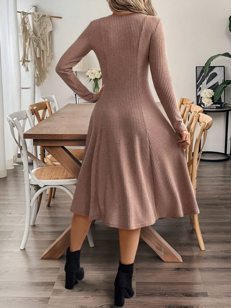 Women Solid Color Crew Neck Long Sleeve Casual Knee Length Dressspring Clothes